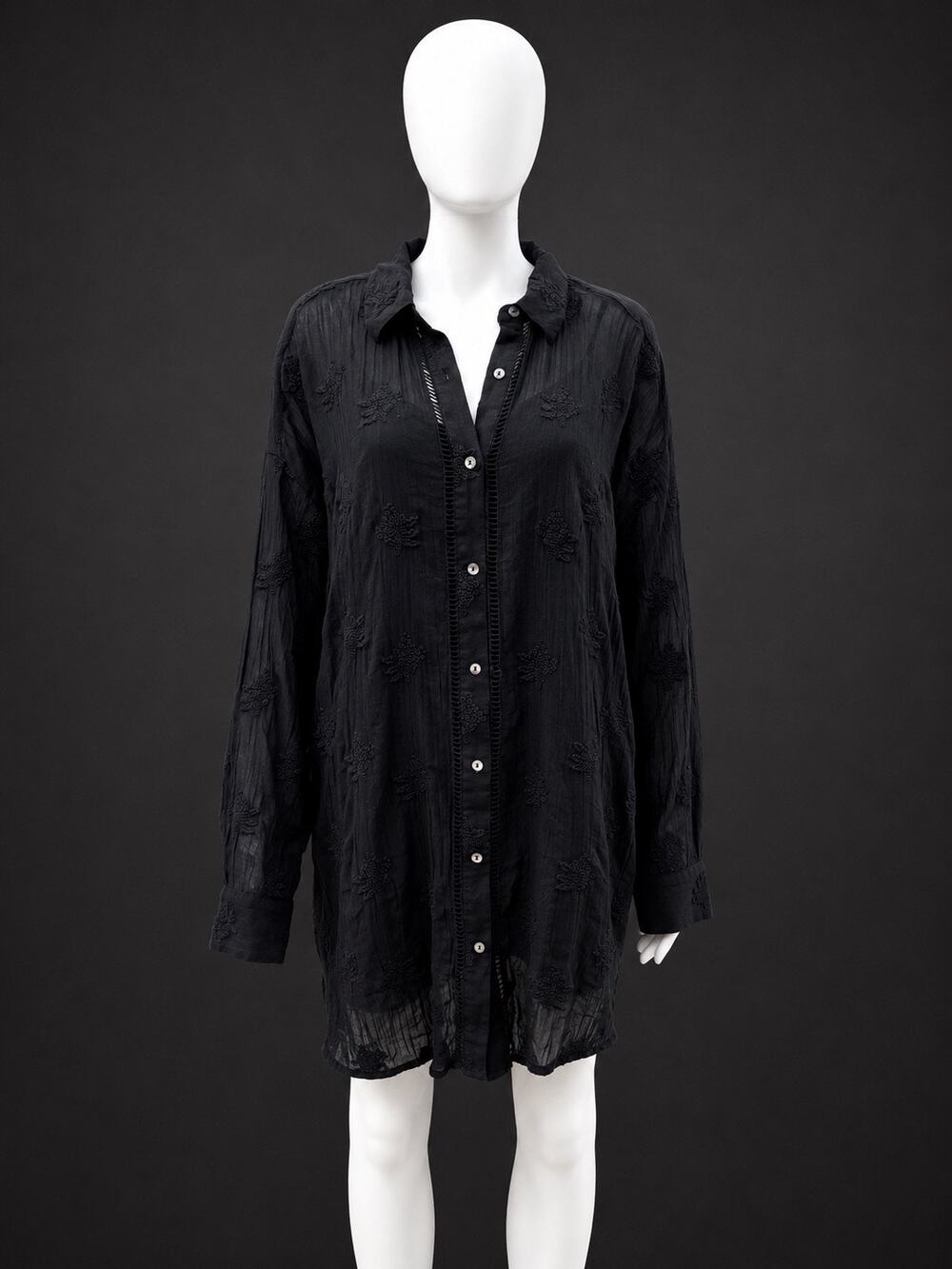 Sundance Black Embroidered Cotton Gauze Shirt Dress w/ Removable Slip XL Boho